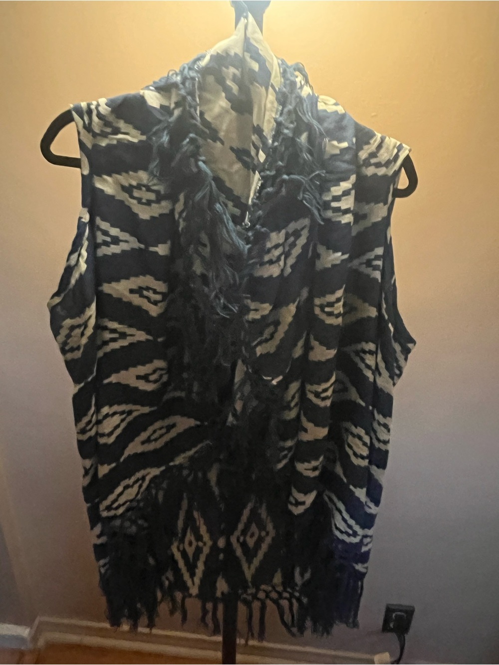 Raj Sleeveless Aztec Blue and Cream Fringe Kimono style vest -  One Size